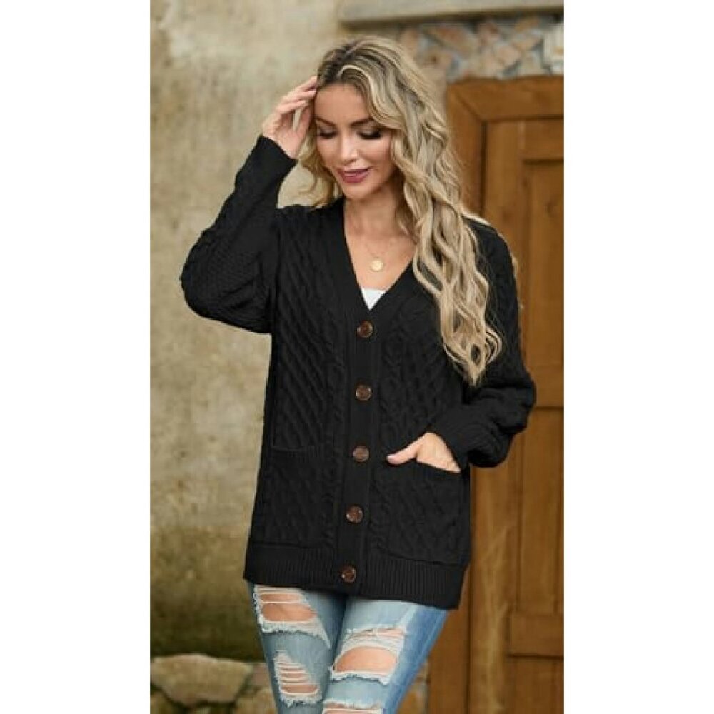 Long Sleeve Cable Knit Cardigan with Pockets, Loose Fit, 100% Acrylic - Picture 6 of 8